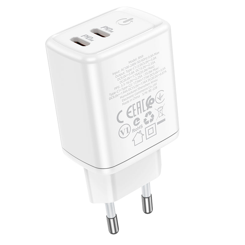 Nätverksladdare Borofone BN9, 35W, 3A, 2 x USB-C, Vit