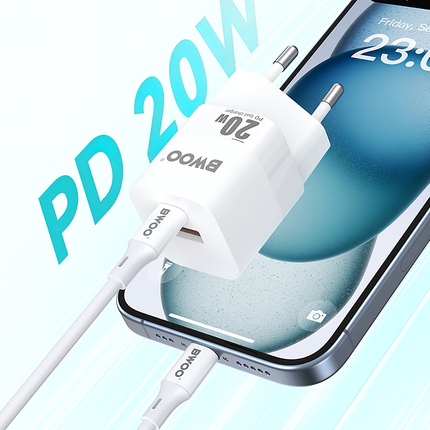 Nätverksladdare BWOO BO-CDA156, 20W, 3A, 1 x USB-A - 1 x USB-C, Vit