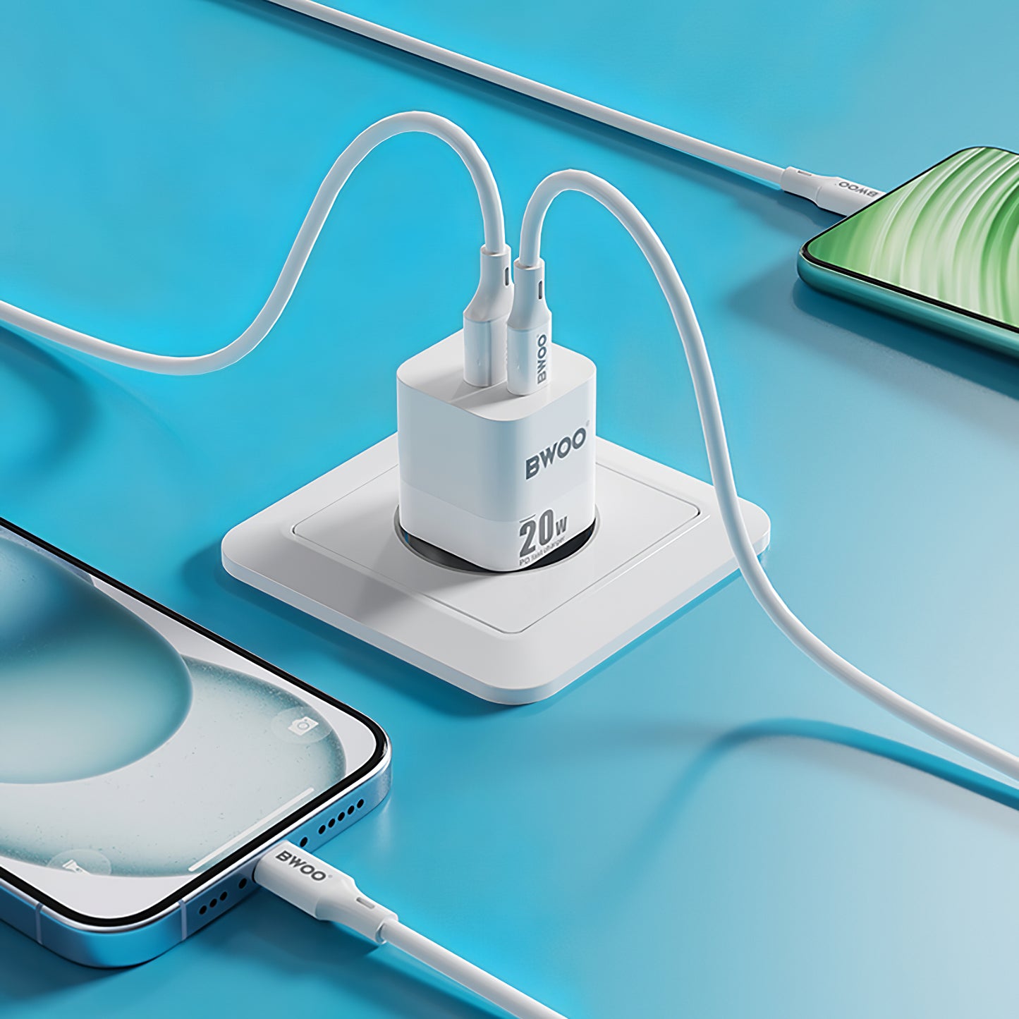 Nätverksladdare BWOO BO-CDA156, 20W, 3A, 1 x USB-A - 1 x USB-C, Vit