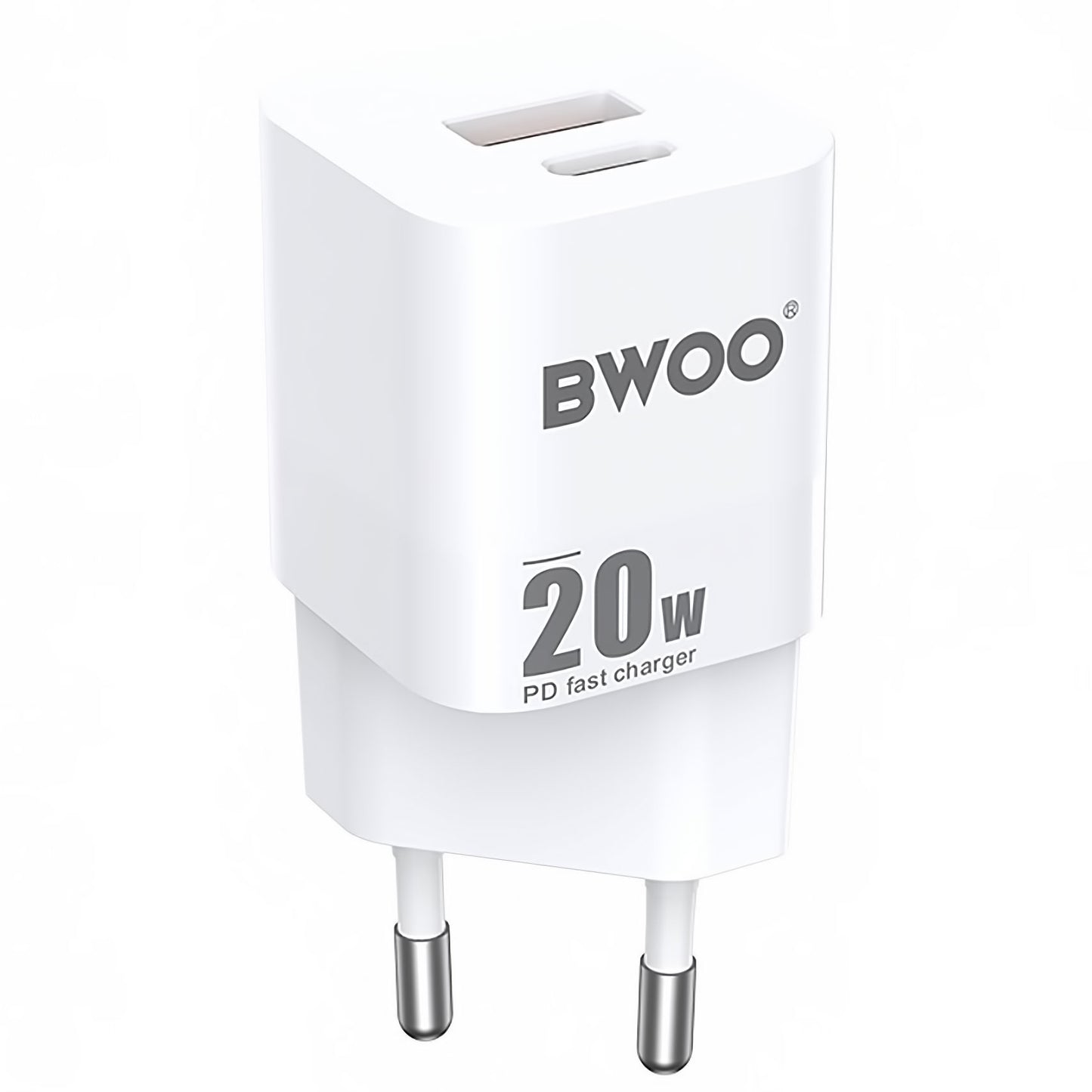 Nätverksladdare BWOO BO-CDA156, 20W, 3A, 1 x USB-A - 1 x USB-C, Vit
