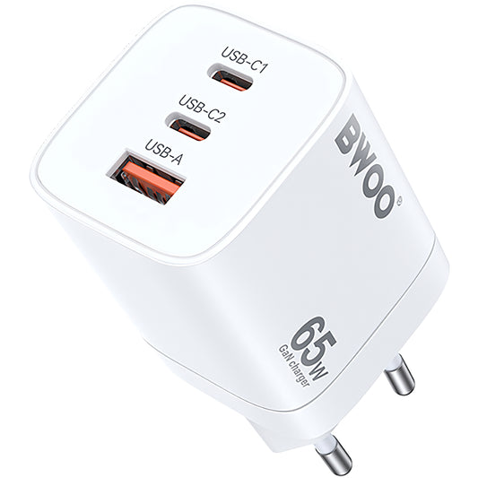 Nätverksladdare BWOO CDA147, 65W, 4.5A, 1 x USB-A - 2 x USB-C, Vit