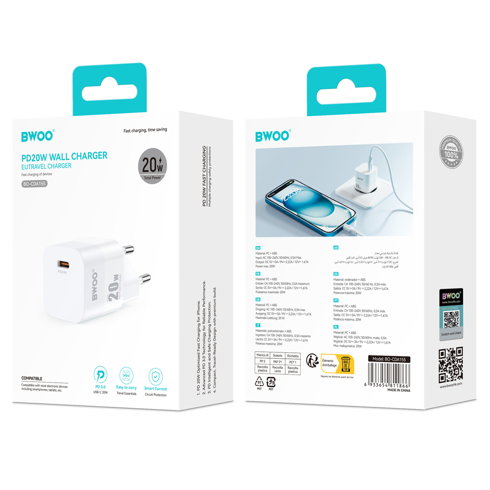 Nätadapter BWOO CDA155, 20W, 3A, 1 x USB-C, Vit