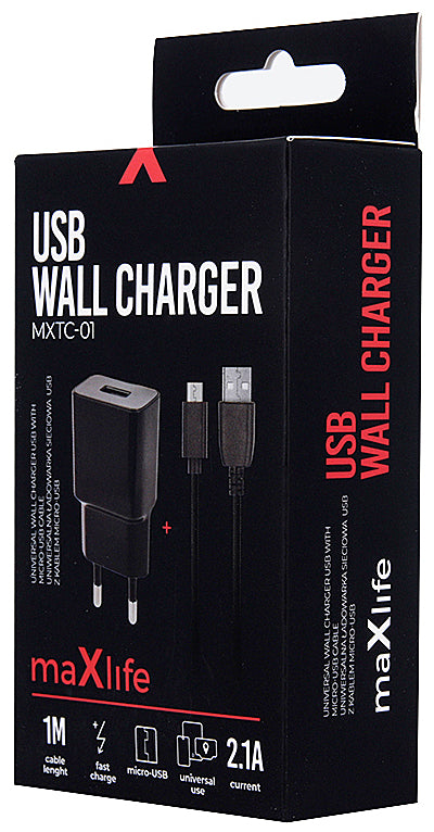 MaXlife MXTC-01 Nätverksladdare med microUSB-kabel, 10,5 W, 2,1 A, 1 x USB-A, svart