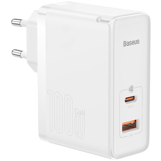Nätverksladdare med USB-C-kabel Baseus GaN5 Pro, 100W, 3A, 1 x USB-A - 1 x USB-C, Vit CCGP090202