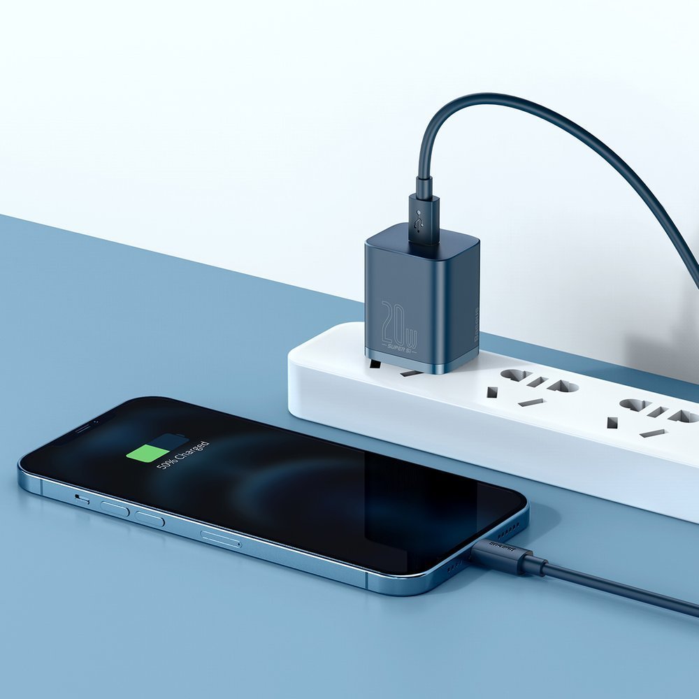 Baseus Super Si nätverksladdare med blixtkabel, 20W, 3A, 1 x USB-C, blå TZCCSUP-B03