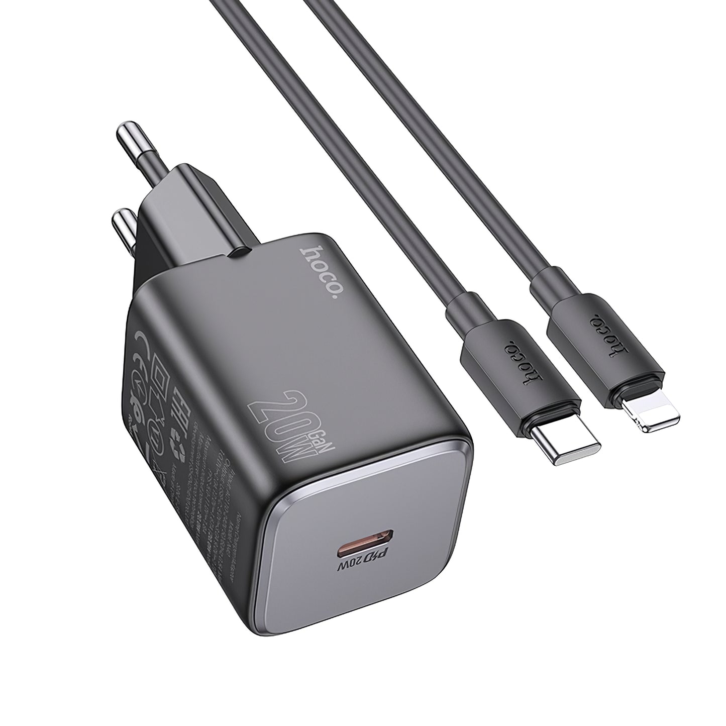 Nätverksladdare med blixtkabel HOCO N40, 20W, 3A, 1 x USB-C, Svart