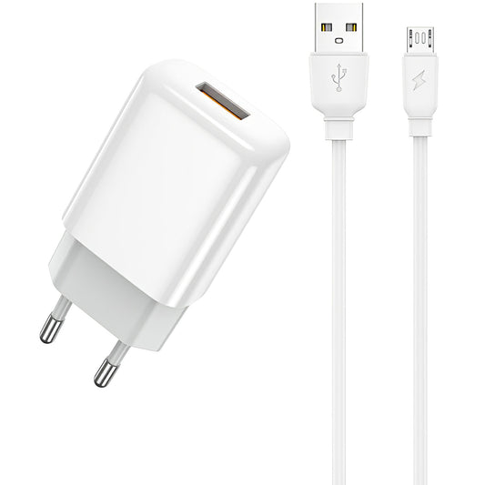 Prestico F7S nätverksladdare med microUSB-kabel, 12W, 2,4A, 1 x USB-A, vit