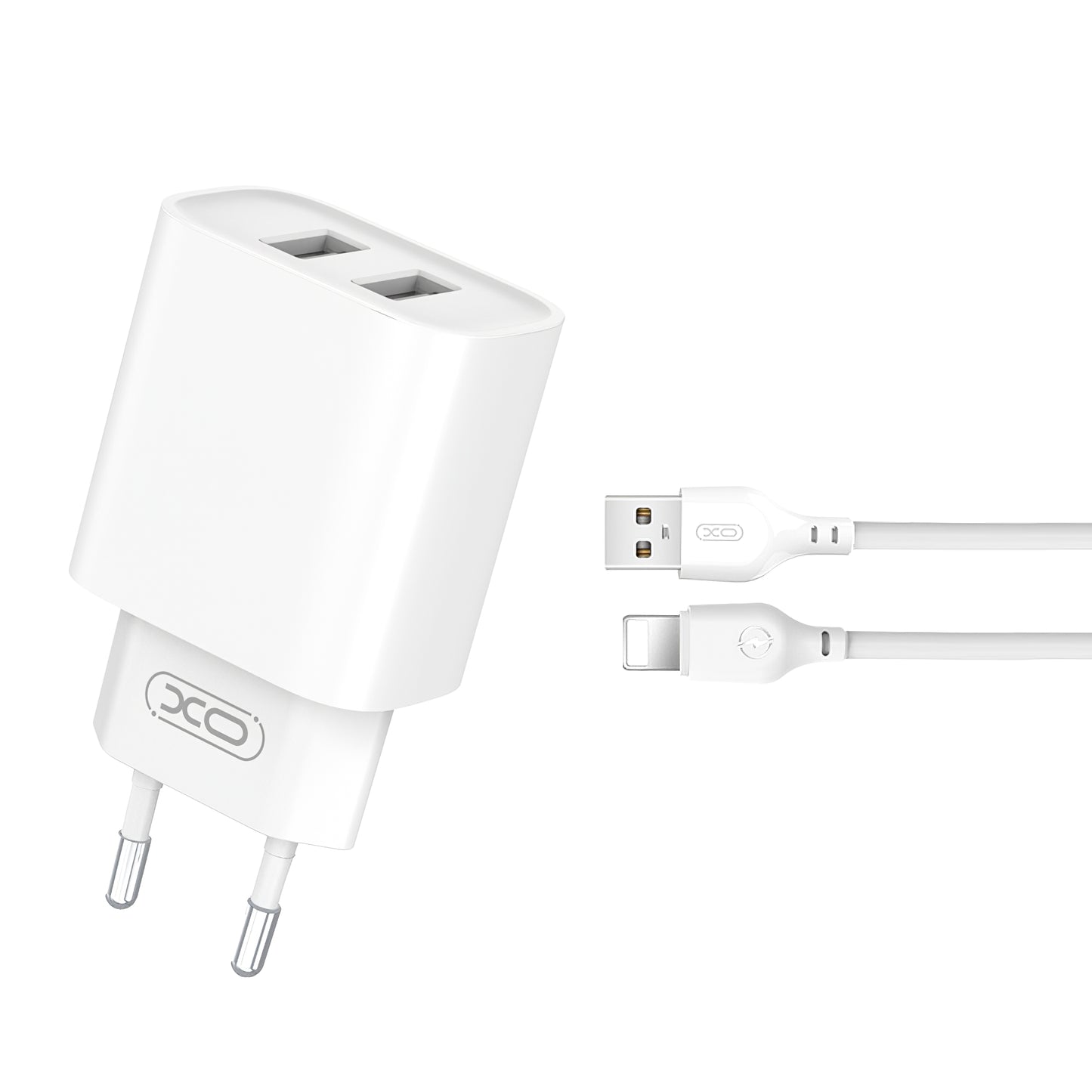 Nätverksladdare med blixtkabel XO Design CE02C, 10,5W, 2,1A, 2 x USB-A, vit