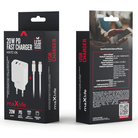 MaXlife MXTC-06-20AC MaXlife MXTC-06-20AC Nätverksladdare med Lightning-kabel, 20W, 3A, 1 x USB-A - 1 x USB-C, Vit