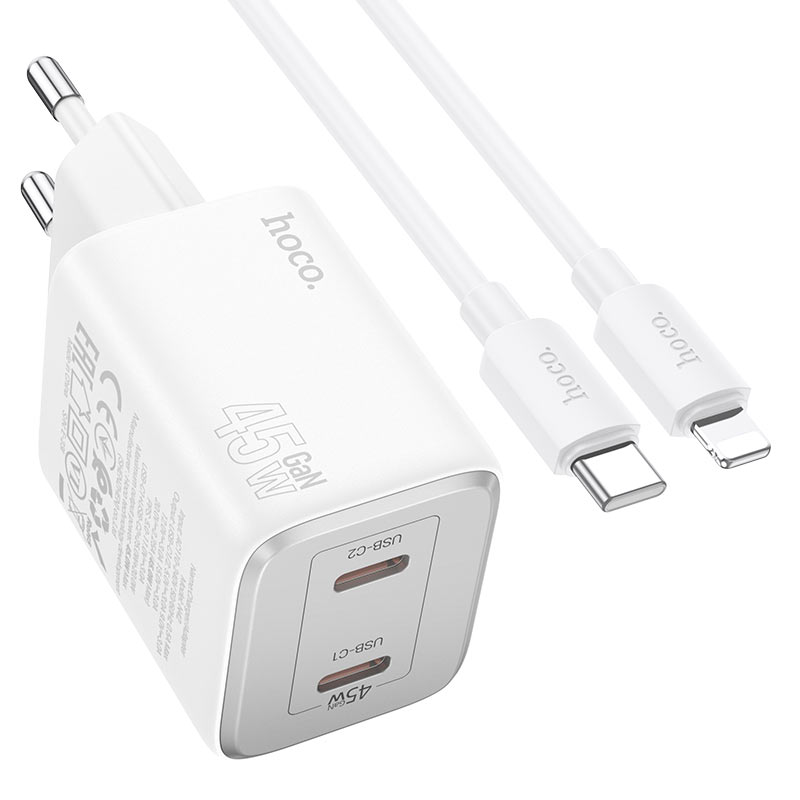 Nätverksladdare med blixtkabel HOCO N42, 45W, 3A, 2 x USB-C, vit
