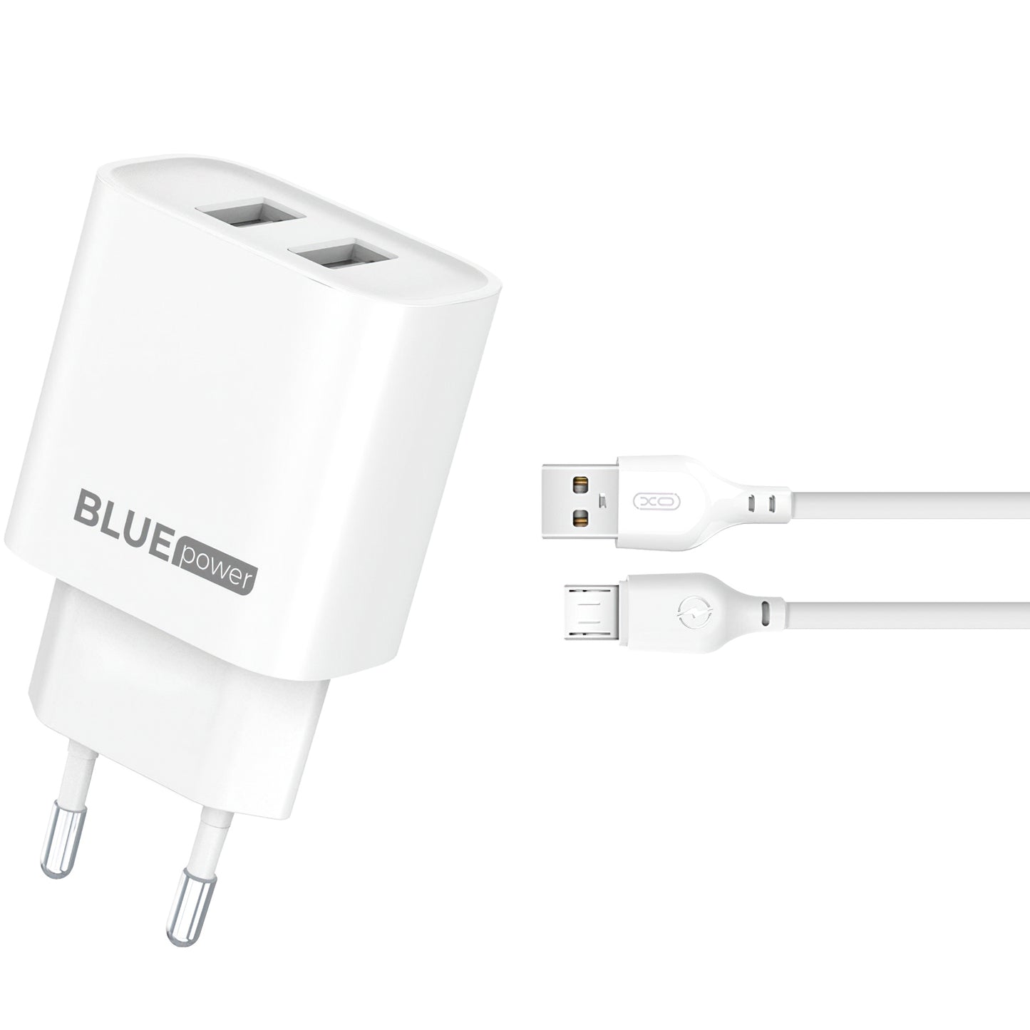 Blue Power BPCE02M nätverksladdare med microUSB-kabel BPCE02M, 10,5W, 2,1A, 2 x USB-A, vit
