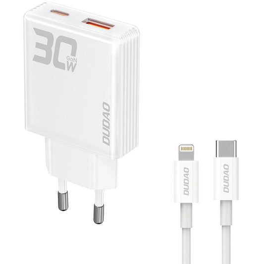 Dudao A30EUL Nätverksladdare med blixtkabel, 30W, 3A, 1 x USB-A - 1 x USB-C, vit