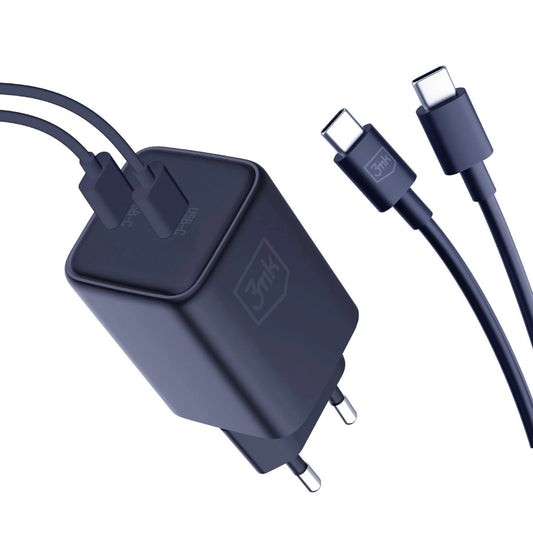3MK HyperCharger nätverksladdare med USB-C-kabel, 45W, 3A, 2 x USB-C, svart