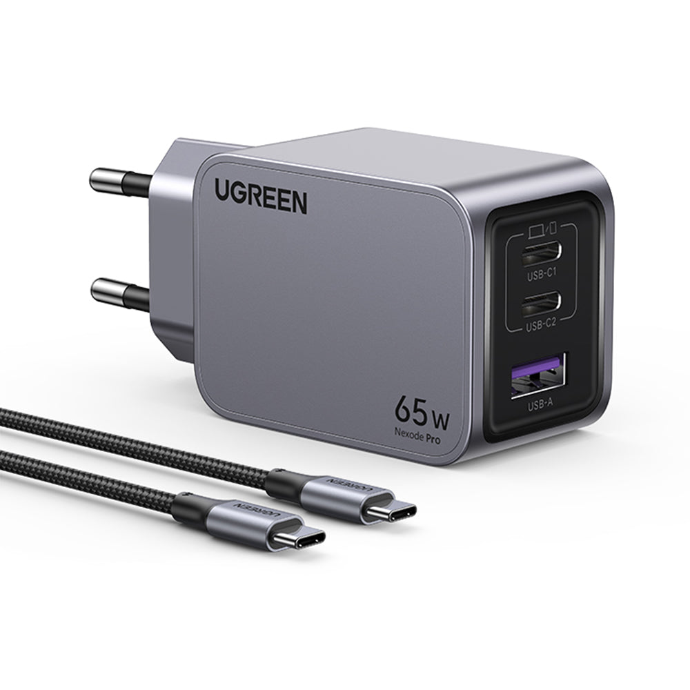 Nätverksladdare med USB-C-kabel UGREEN X755 Nexode Pro, 65W, 3A, 1 x USB-A - 2 x USB-C, Grå