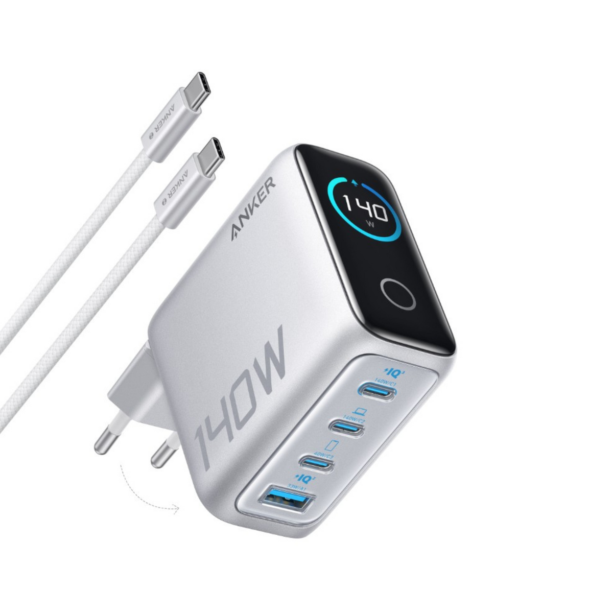Nätverksladdare med USB-C-kabel Anker Zolo, 140W, 5A, 1 x USB-A - 3 x USB-C, Silver B2697G41