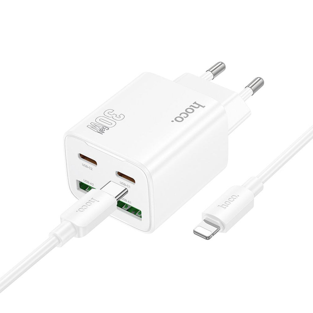 Nätverksladdare med Lightning-kabel HOCO N56, 30W, 3A, 2 x USB-A - 2 x USB-C, Vit