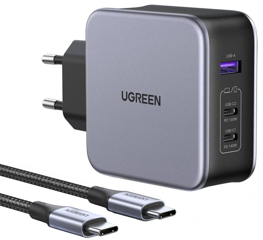 Nätverksladdare med USB-C-kabel UGREEN CD289, 140W, 5A, 1 x USB-A - 2 x USB-C, Grå
