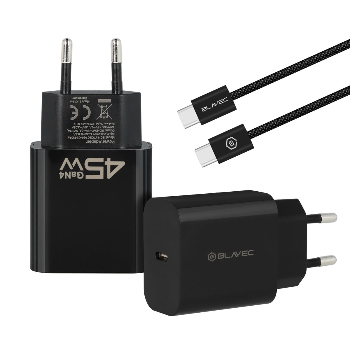Nätverksladdare med USB-C-kabel Blavec BC-7, 45W, 3A, 1 x USB-C, Svart