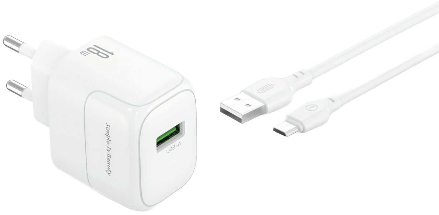 Nätverksladdare med microUSB-kabel XO Design L135, 18W, 3A, 1 x USB-A, Vit