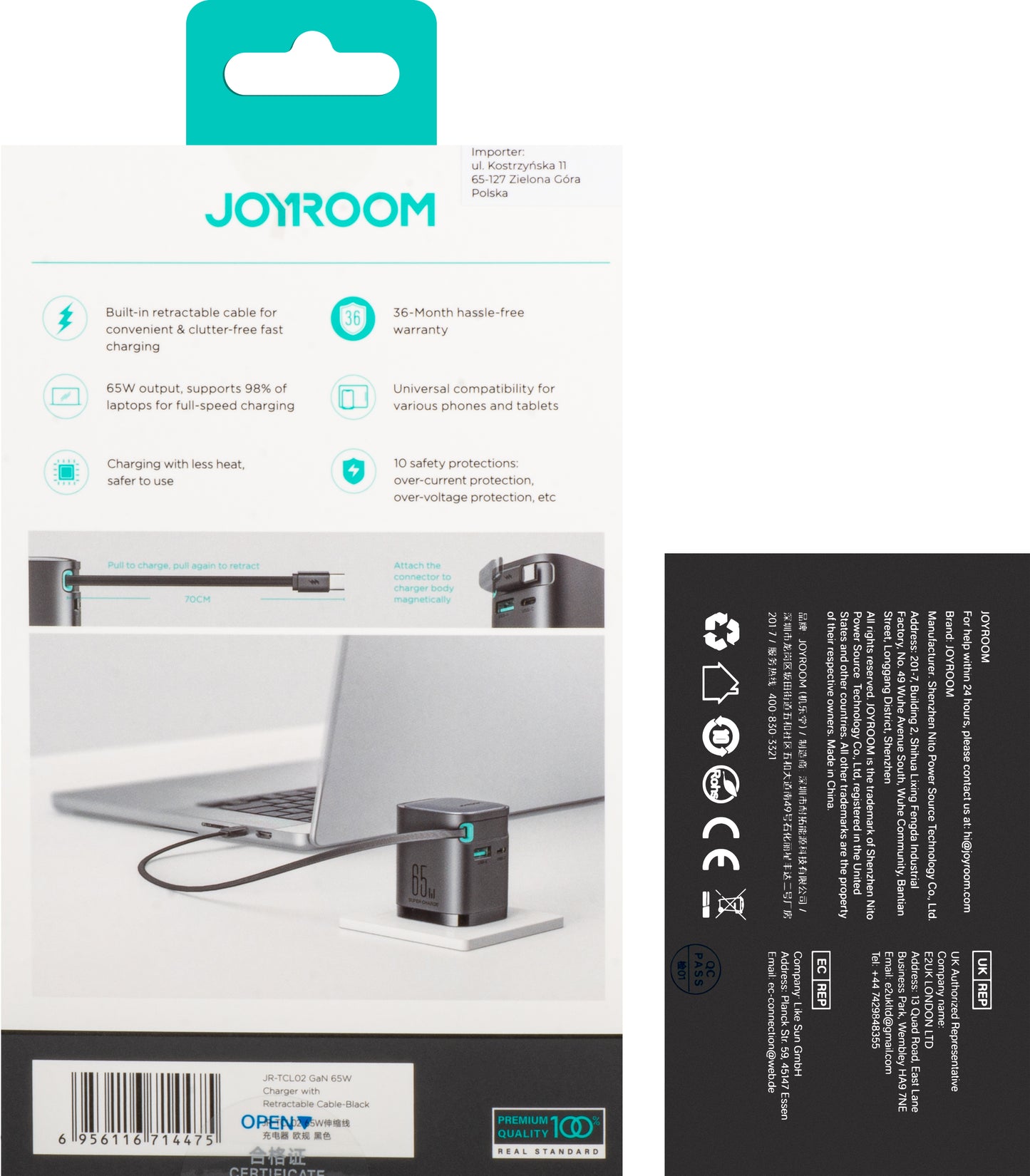Joyroom JR-TCL02 USB-C-kabel Nätverksladdare JR-TCL02, 65W, 3A, 1 x USB-A - 1 x USB-C, Svart