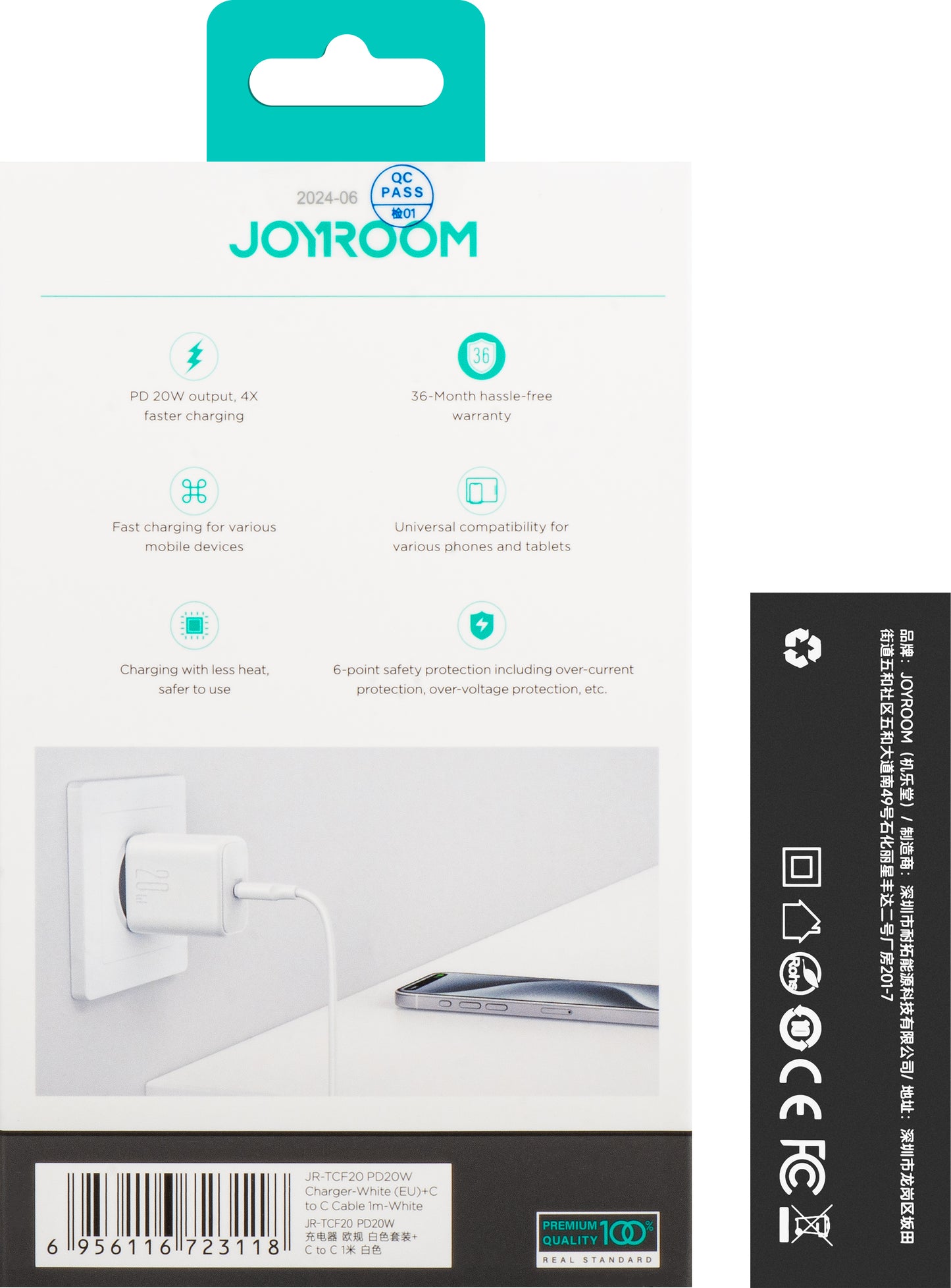 Nätverksladdare med USB-C-kabel Joyroom JR-TCF20, 20W, 3A, 1 x USB-C, Vit