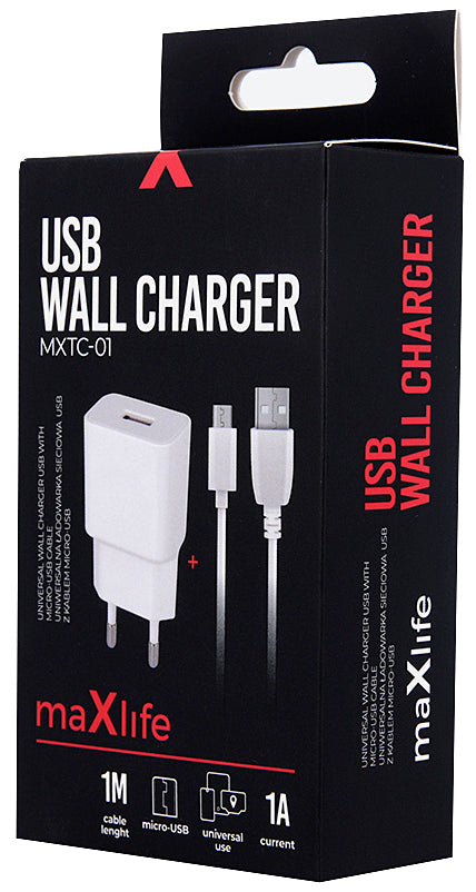 MaXlife MXTC-01, 5W, 1A, 1 x USB-A, Vit