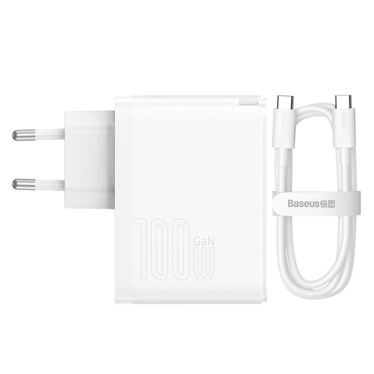 Nätverksladdare med USB-C-kabel Baseus GaN5 Pro, 100W, 3A, 1 x USB-A - 1 x USB-C, Vit CCGP090202