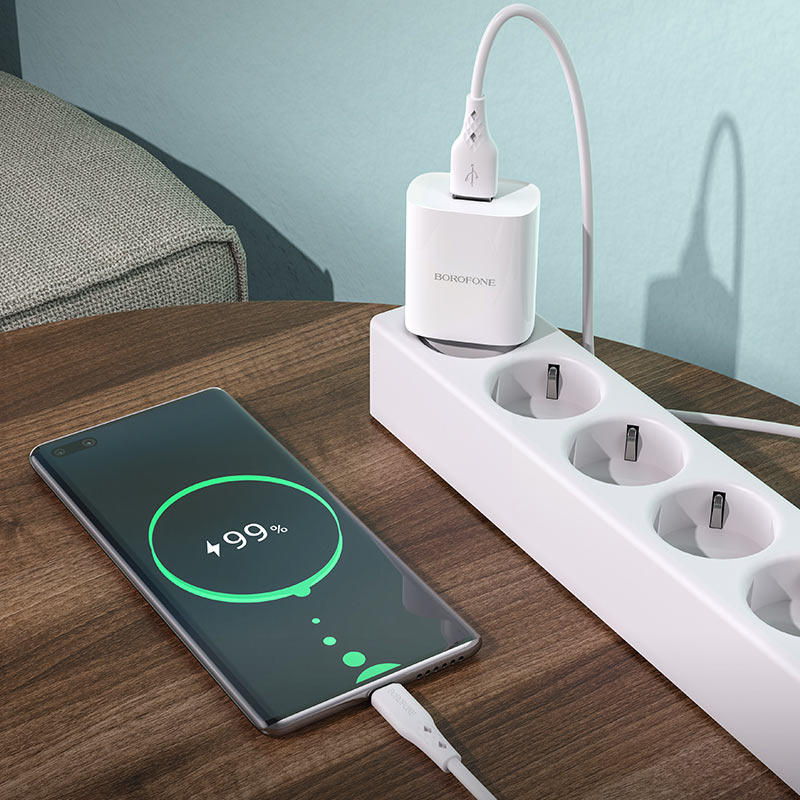Nätverksladdare med USB-C-kabel Borofone BN1, 10W, 2,1A, 1 x USB-A, vit
