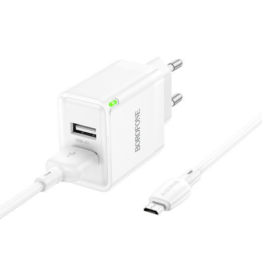 Nätverksladdare med microUSB-kabel Borofone BN15 Strong, 10,5W, 2,1A, 2 x USB-A, Vit