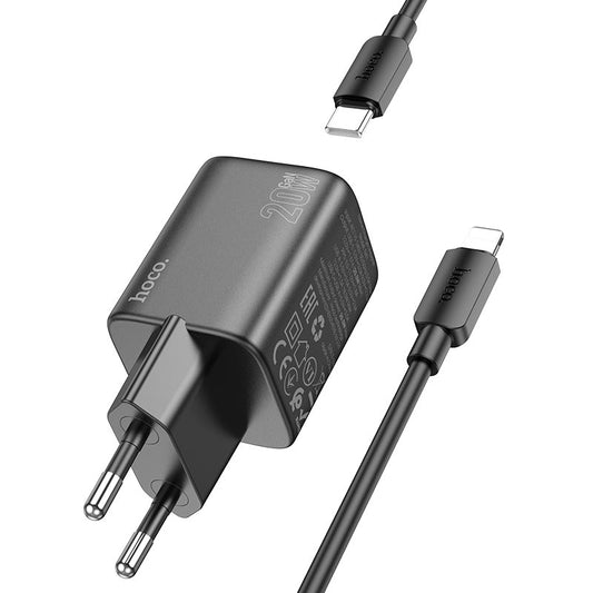 Nätverksladdare med Lightning-kabel HOCO N41, 20W, 3A, 1 x USB-A - 1 x USB-C, Svart