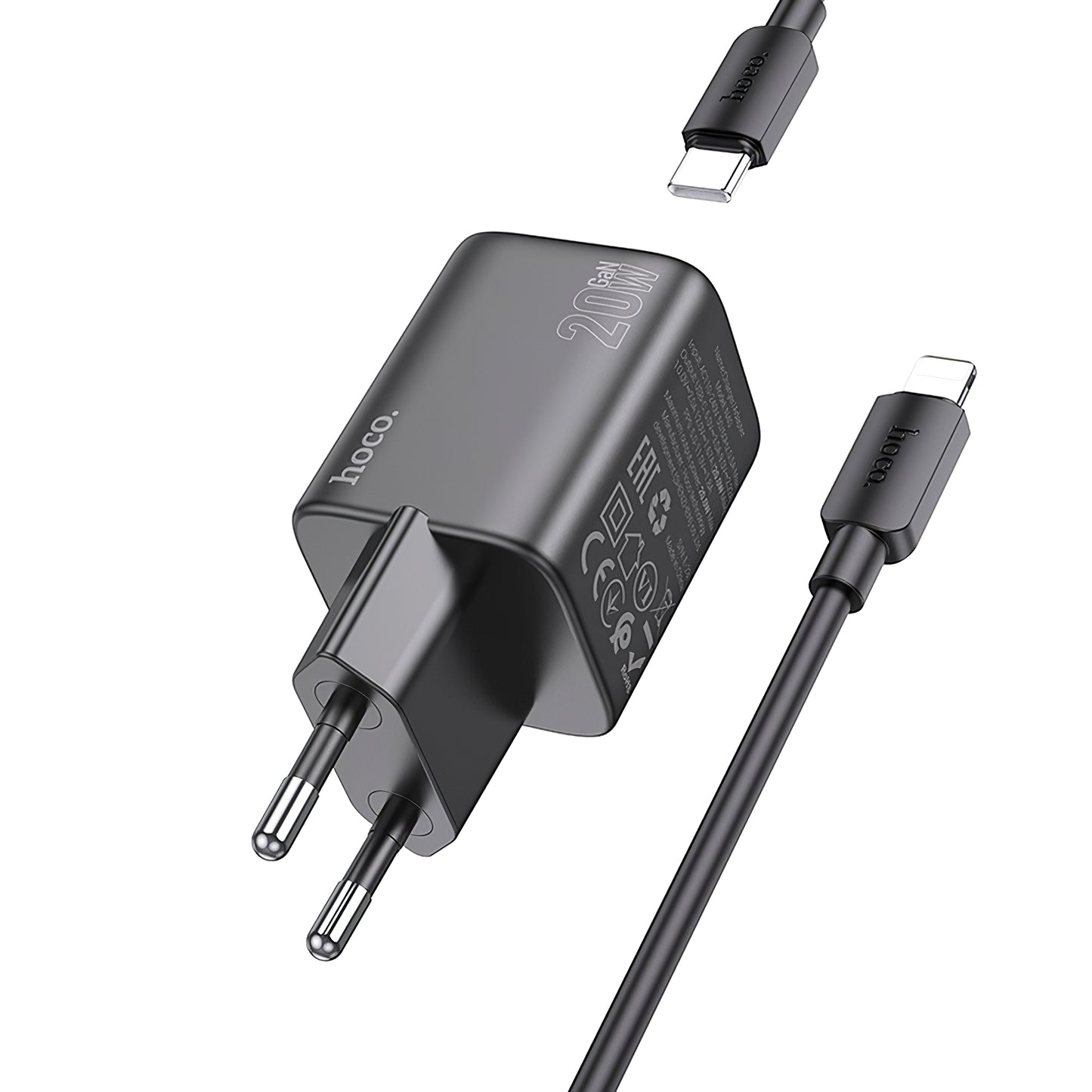 Nätverksladdare med blixtkabel HOCO N40, 20W, 3A, 1 x USB-C, Svart