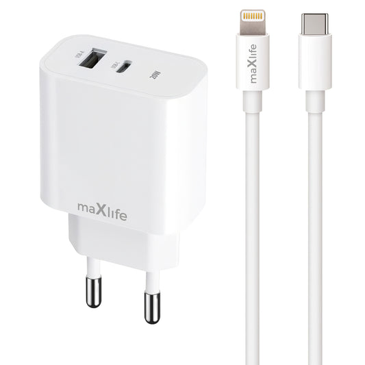 MaXlife MXTC-06-20AC MaXlife MXTC-06-20AC Nätverksladdare med Lightning-kabel, 20W, 3A, 1 x USB-A - 1 x USB-C, Vit