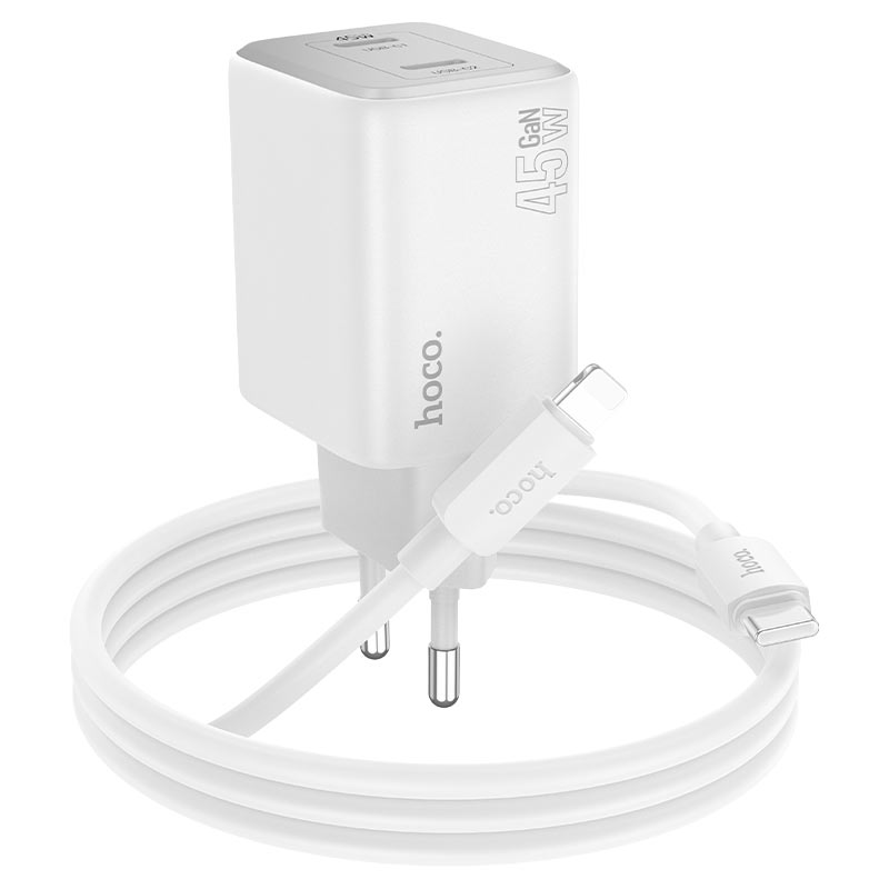 Nätverksladdare med blixtkabel HOCO N42, 45W, 3A, 2 x USB-C, vit