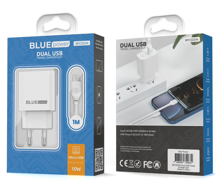 Blue Power BPCE02M nätverksladdare med microUSB-kabel BPCE02M, 10,5W, 2,1A, 2 x USB-A, vit