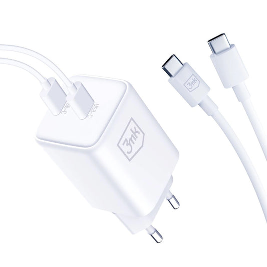 3MK HyperCharger nätverksladdare med USB-C-kabel, 45W, 3A, 2 x USB-C, vit