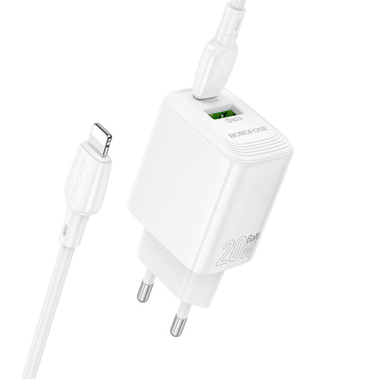 Nätverksladdare med Lightning-kabel Borofone BN27 Fuente, 20W, 3A, 1 x USB-A - 1 x USB-C, Vit