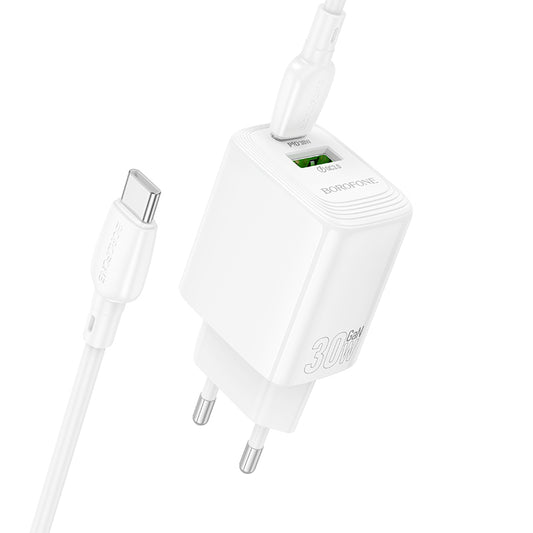 Nätverksladdare med USB-C-kabel Borofone BN29 Fuente, 30W, 3A, 1 x USB-A - 1 x USB-C, Vit