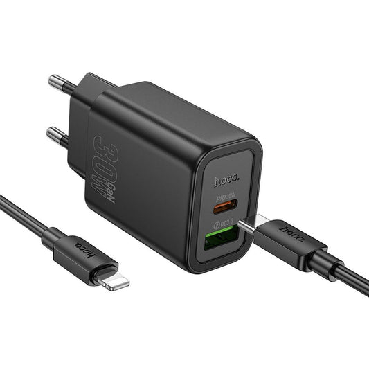 Nätverksladdare med Lightning-kabel HOCO N63, 30W, 3A, 1 x USB-A - 1 x USB-C, Svart