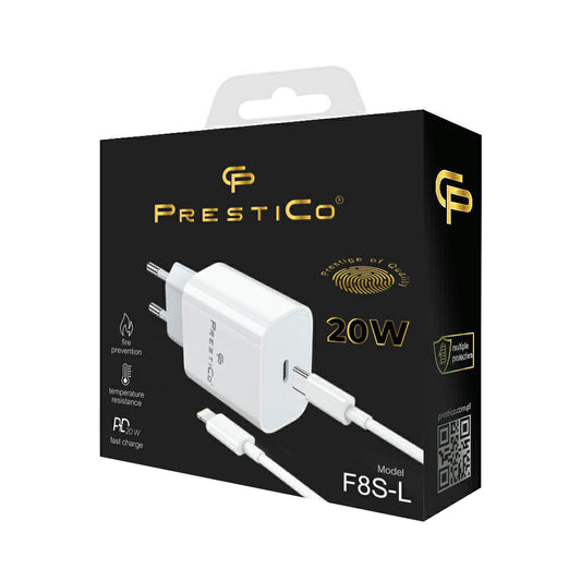Nätverksladdare med Lightning-kabel Prestico F8S, 20W, 3A, 1 x USB-C, Vit