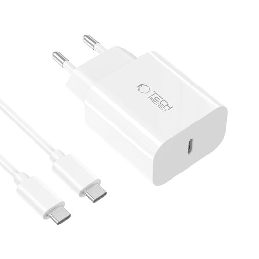 Nätverksladdare med USB-C-kabel Tech-Protect NC20W, 20W, 3A, 1 x USB-C, Vit