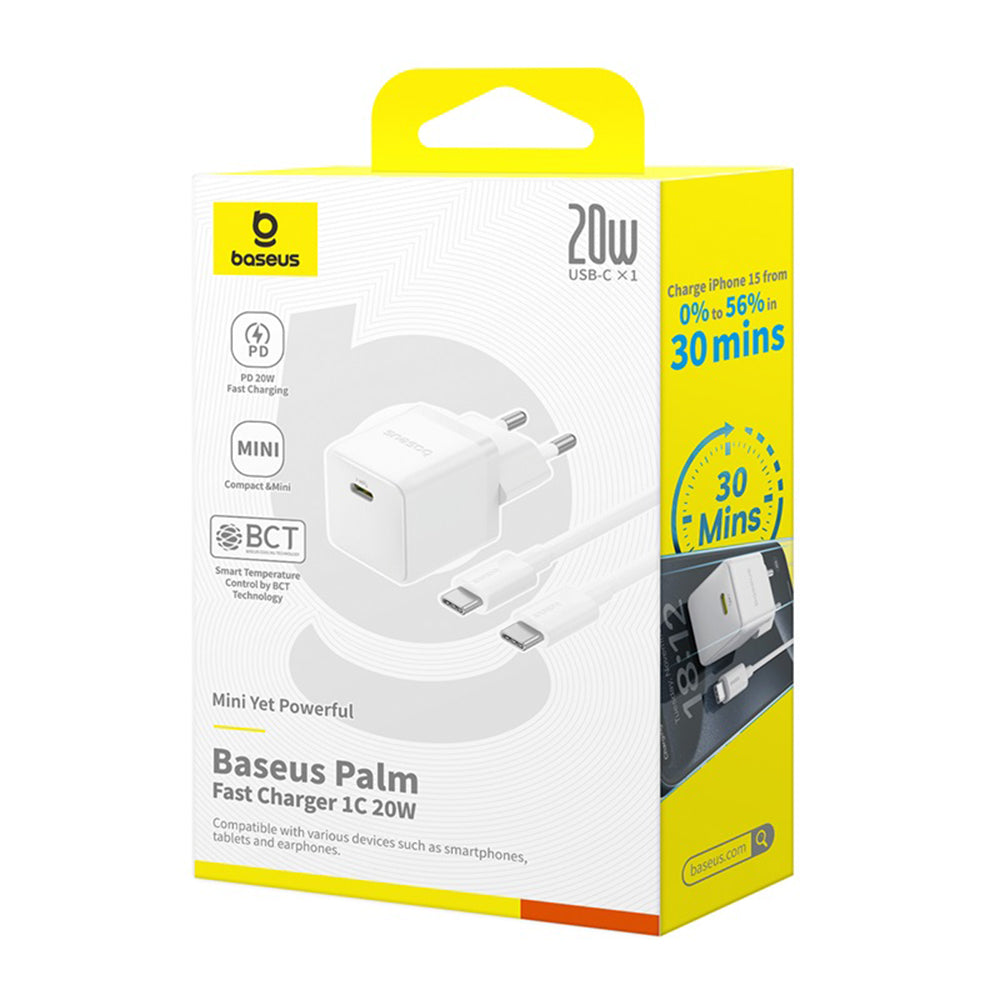 Nätverksladdare med USB-C-kabel Baseus Palm, 20W, 3A, 1 x USB-C, Vit P10111602213-01