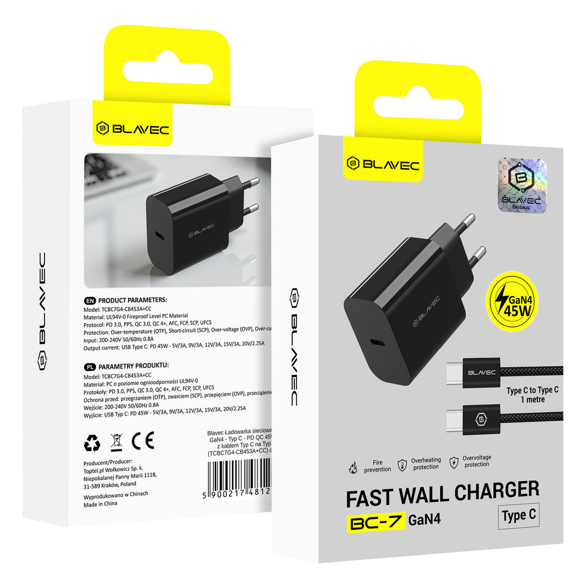 Nätverksladdare med USB-C-kabel Blavec BC-7, 45W, 3A, 1 x USB-C, Svart