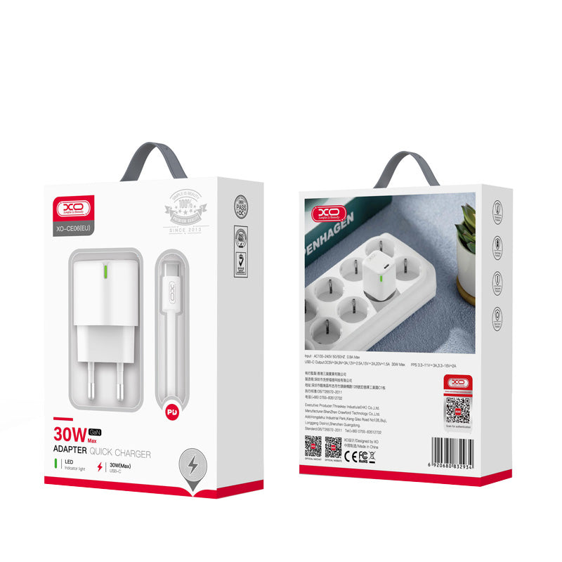 Nätverksladdare med USB-C-kabel XO Design CE06, 30W, 3A, 1 x USB-C, Vit