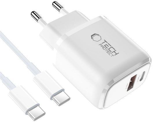 Nätverksladdare med USB-C-kabel Tech-Protect NCA45W, 45W, 3A, 1 x USB-A - 1 x USB-C, Vit