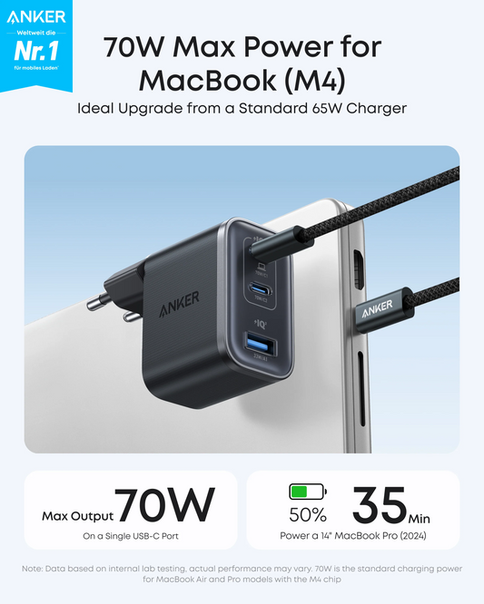 Nätverksladdare med USB-C-kabel Anker Nano, 70W, 3.5A, 1 x USB-A - 2 x USB-C, Grå B121A311