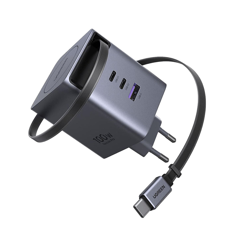 Nätadapter med USB-C-kabel UGREEN X616 (65828), 100W, 5A, 1 x USB-A - 3 x USB-C, Grå