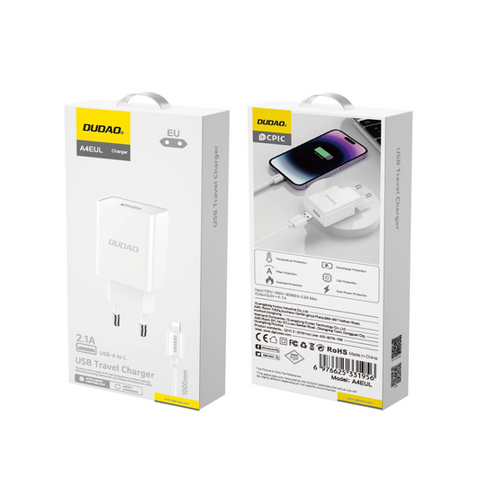 Nätverksladdare med Lightning-kabel Dudao A4EU, 10W, 2.1A, 1 x USB-A, Vit