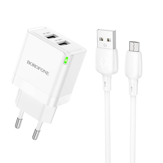 Nätverksladdare med microUSB-kabel Borofone BN15 Strong, 10,5W, 2,1A, 2 x USB-A, Vit