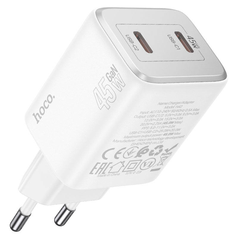 Nätverksladdare med blixtkabel HOCO N42, 45W, 3A, 2 x USB-C, vit