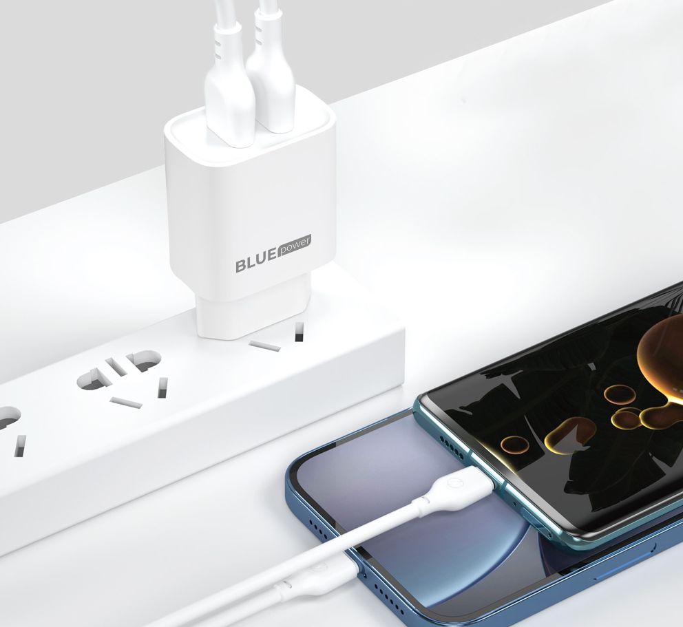 Blue Power BPCE02M nätverksladdare med microUSB-kabel BPCE02M, 10,5W, 2,1A, 2 x USB-A, vit